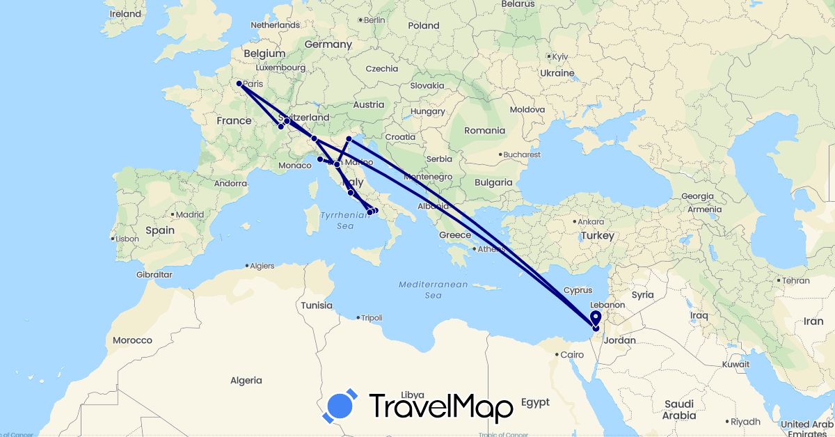 TravelMap itinerary: driving in Switzerland, France, Israel, Italy (Asia, Europe)